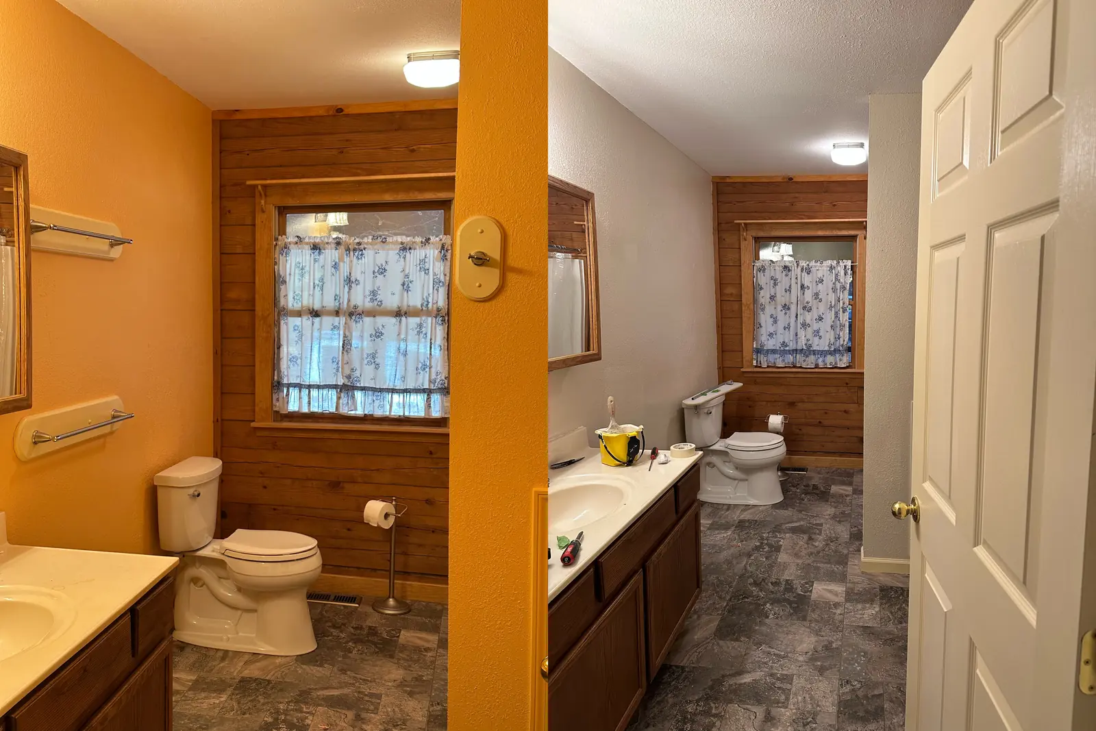 Before-and-after bathroom comparison with orange walls on the left and a cream light-neutral bathroom on the right.