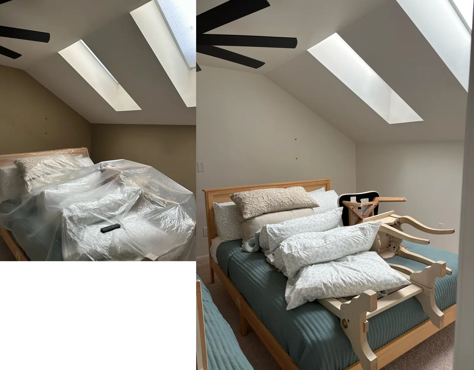 Before-and-after bedroom comparison with dark neutral walls on the left and lighter neutral walls on the right.
