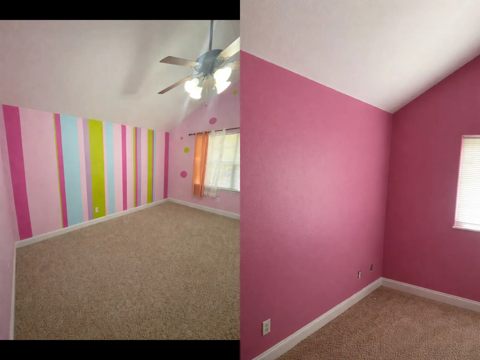 Before-and-after bedroom comparison with light pink walls on the left and stronger pink walls on the right.
