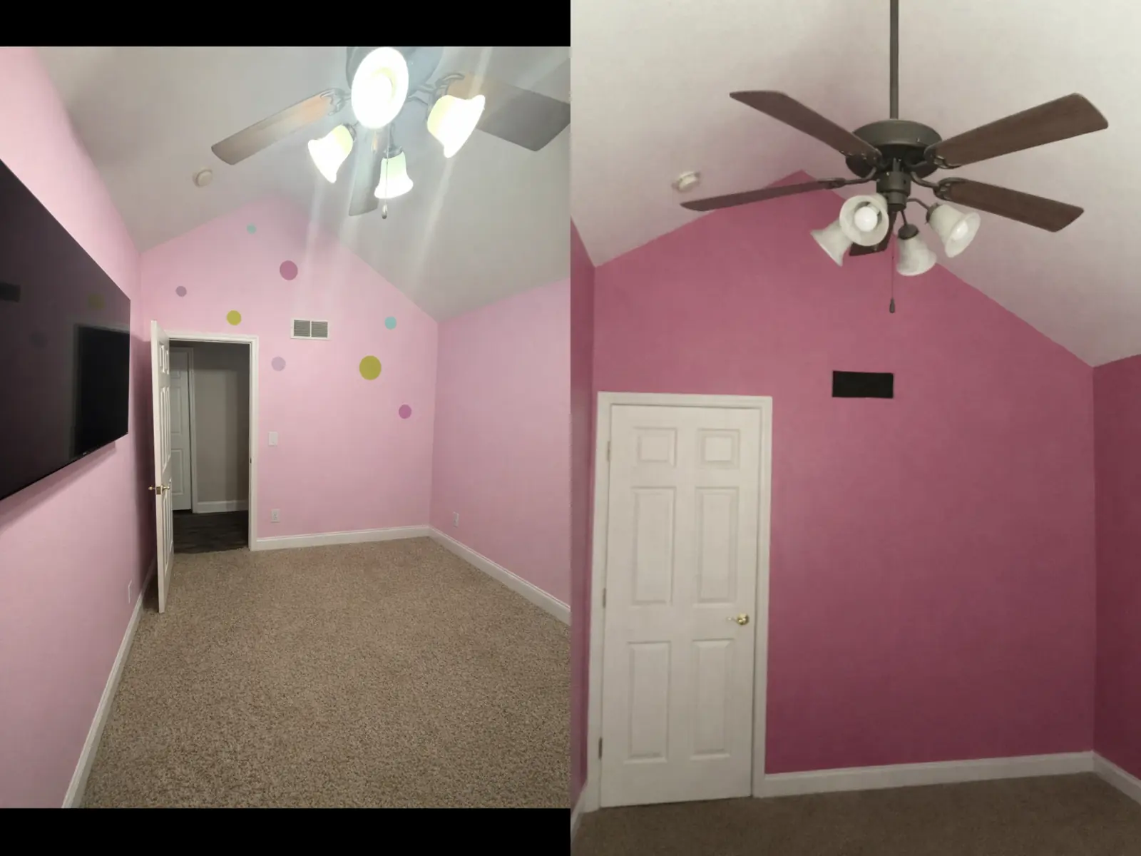 Before-and-after bedroom comparison with light pink walls on the left and stronger pink walls on the right.