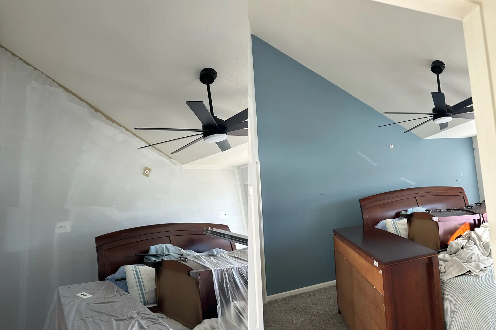 Before-and-after bedroom comparison with light neutral walls on the left and a blue feature wall on the right.