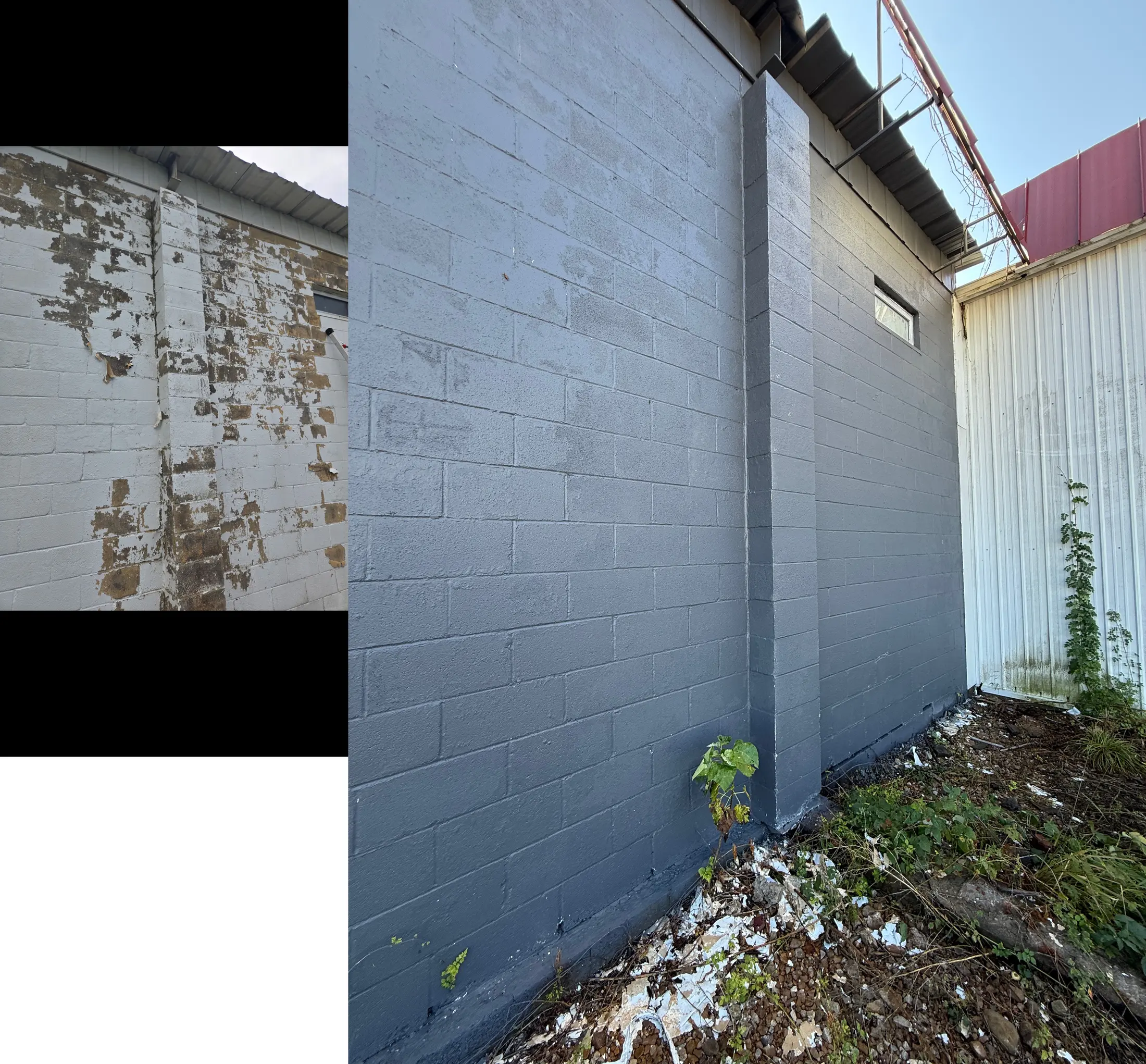 Side-by-side exterior commercial wall photos showing peeling paint on the left and a blue-gray painted wall on the right.