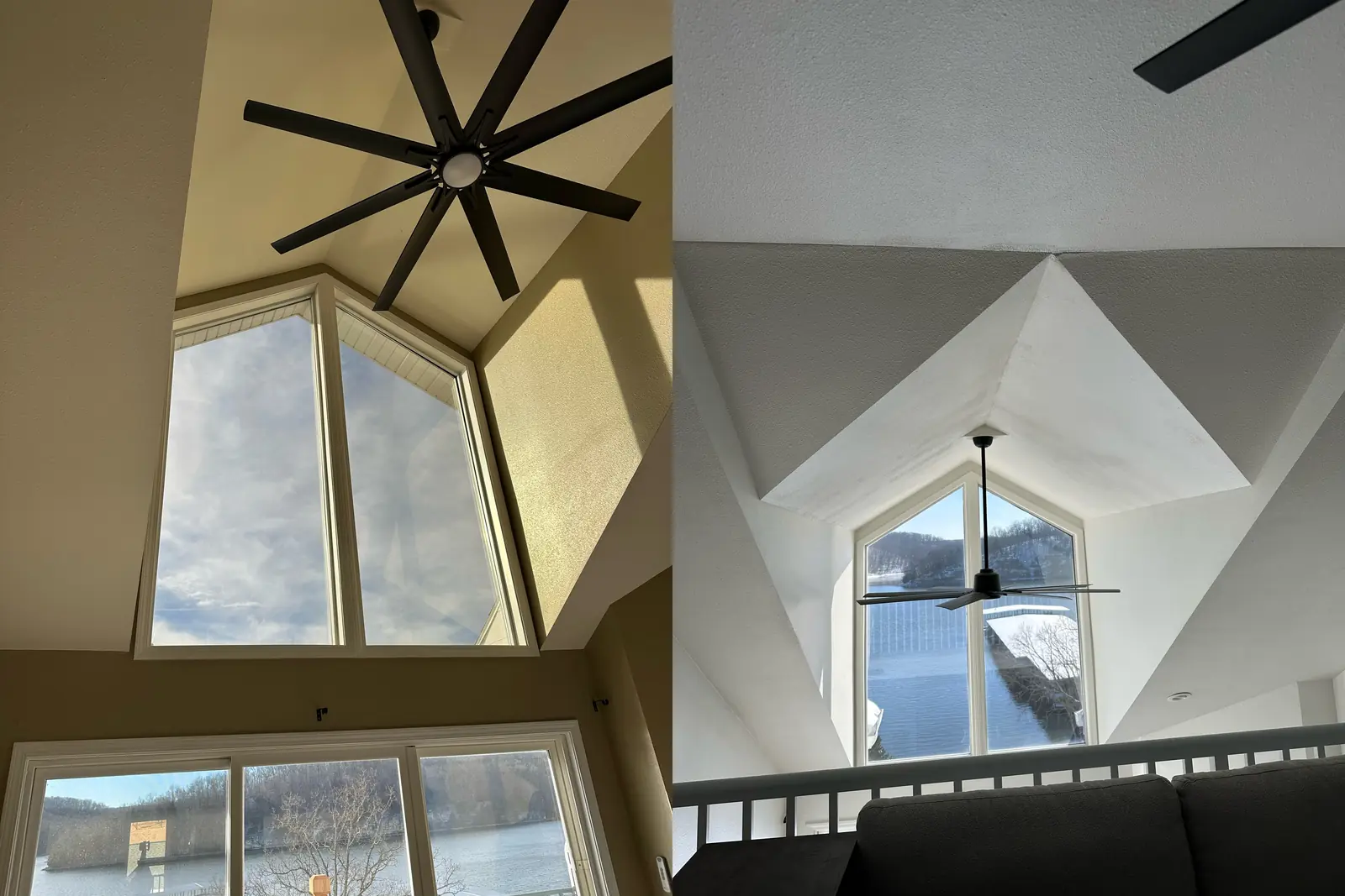 Before-and-after condo interior ceilings, transitioning from a yellow-toned finish to a bright white finish.