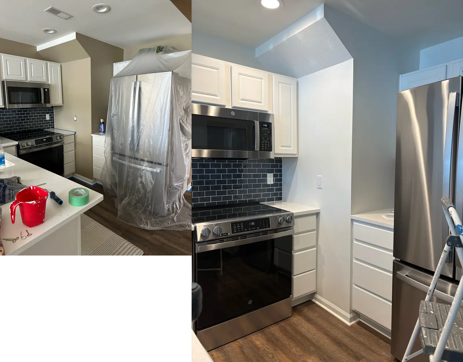 Before-and-after kitchen comparison with a dark finish on the left and white cabinetry and walls on the right.