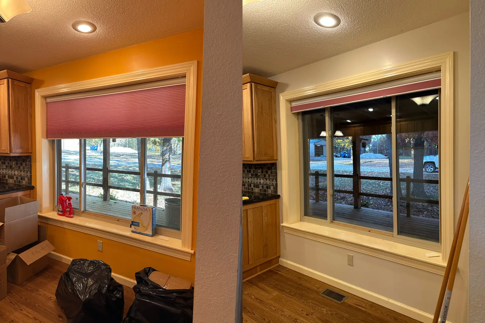 Before-and-after kitchen comparison with orange walls on the left and cream light-neutral walls on the right.