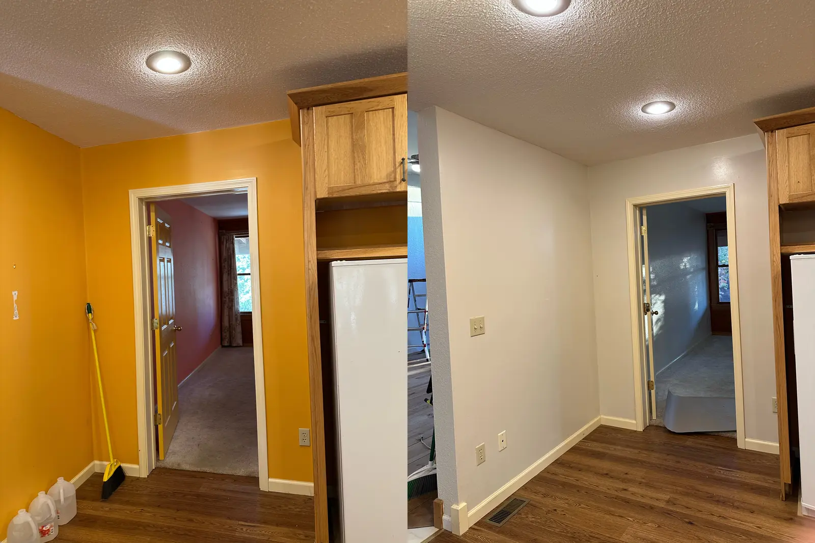 Before-and-after kitchen comparison with yellow walls on the left and cream light-neutral walls on the right.
