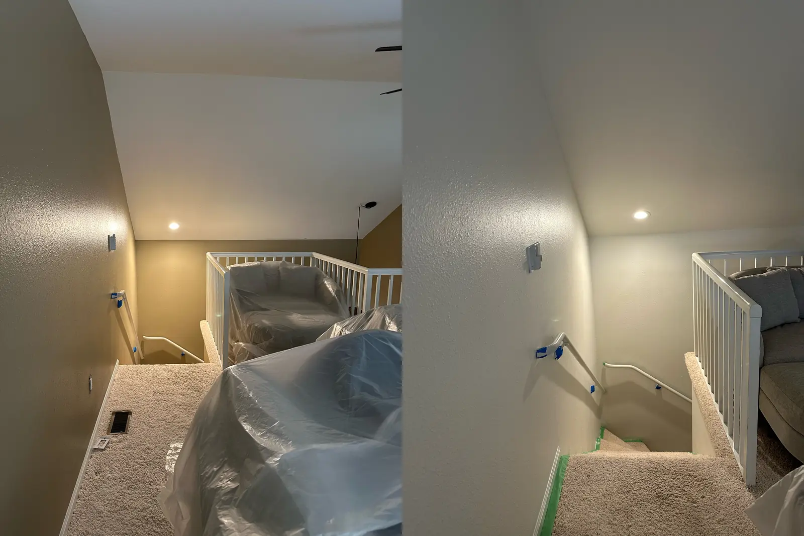 Before-and-after stairway comparison with dark neutral walls on the left and white walls on the right.